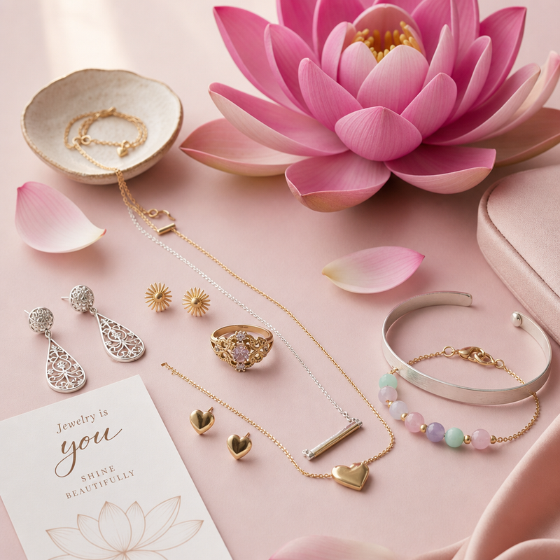 Flat‑lay of boutique jewelry on a pink surface with a lotus flower in the background, featuring silver filigree earrings, gold flower studs, delicate necklaces, a gold ring with pink gemstones, and a pastel beaded bracelet.