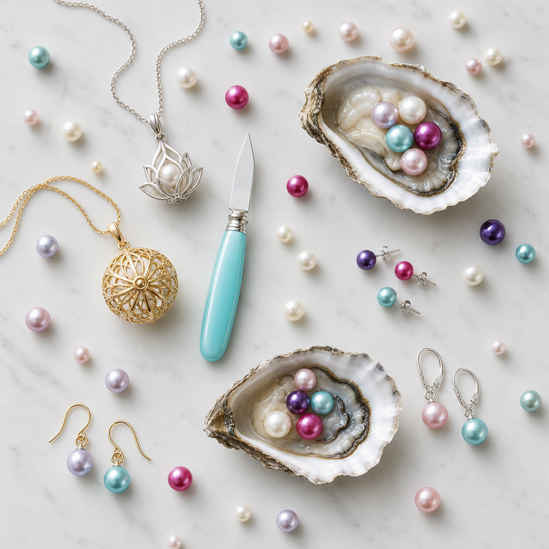 Flat‑lay of open oyster shells filled with multi‑colored pearls on a marble surface, surrounded by scattered pearls, a bright aqua oyster shucker, silver lotus pearl cage necklace, and matching colored pearl earrings.