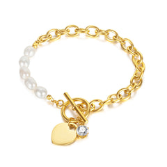 Freshwater Pearl Heart Zircon Stainless Steel Bracelet