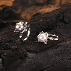 S925 Sterling Silver Shell Pearl Texture Flower Ring