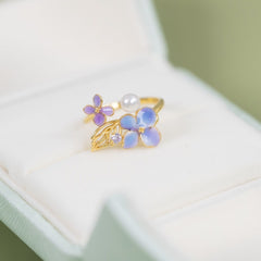 S925 Enamel Hydrangea Ring with Freshwater Pearl