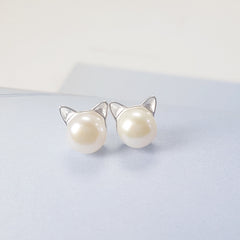 925 Silver Freshwater Pearl Cat Ear Earrings