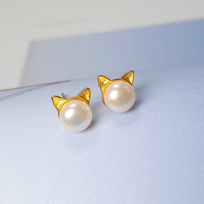925 Silver Freshwater Pearl Cat Ears Earrings