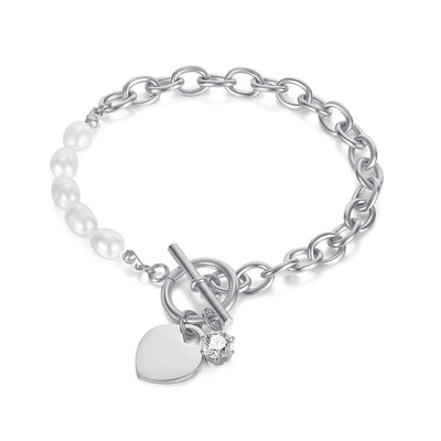 Freshwater Pearl Heart Zircon Stainless Steel Bracelet