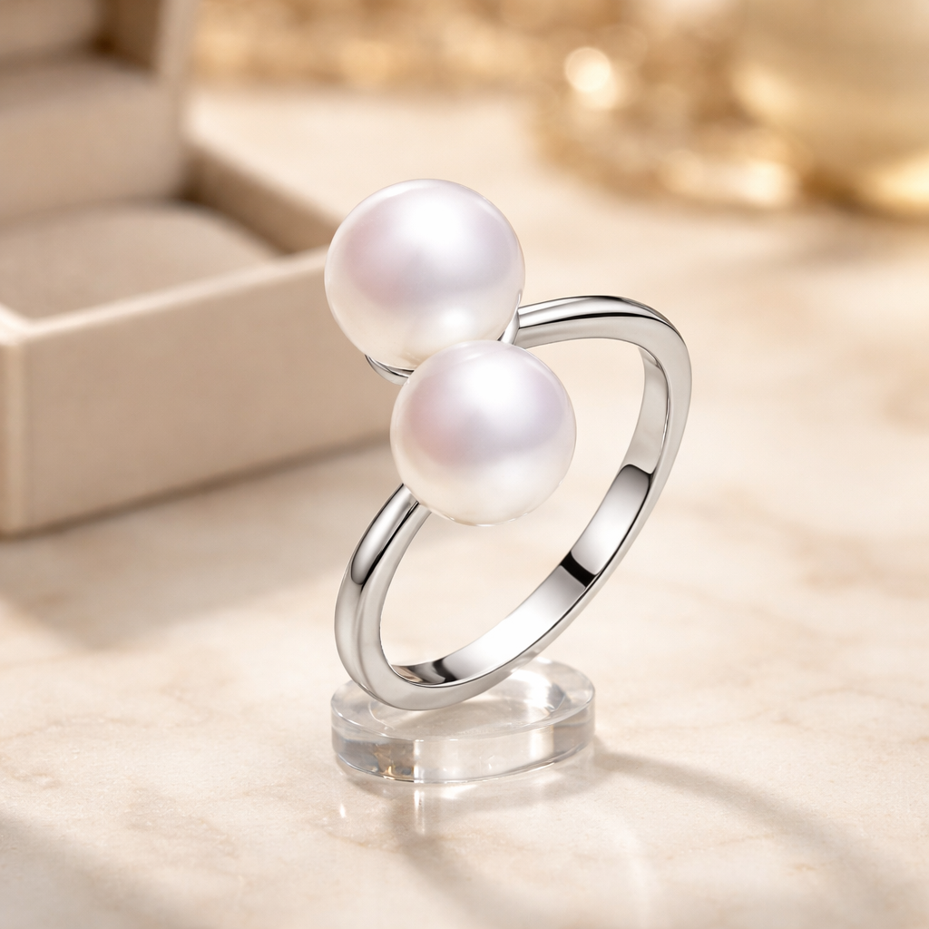 Double Pearl Sterling Silver Ring — 8–9mm Freshwater Pearls (925 Silver)