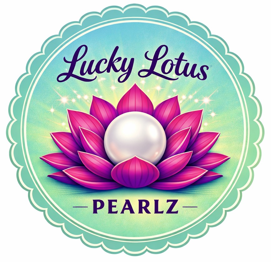 Lucky Lotus Pearlz logo featuring a radiant white pearl resting on a magenta and purple lotus flower with a glowing turquoise‑yellow background and scalloped mint‑green border