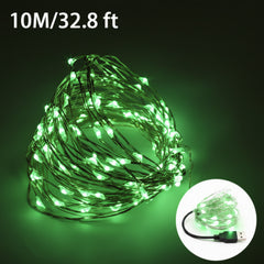 Green USB LED string lights lit with vibrant green color.