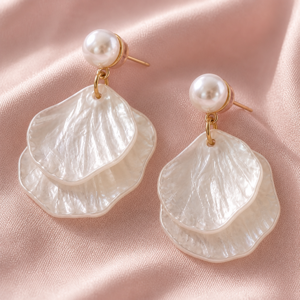 Pearl and shell earrings on a pink fabric background