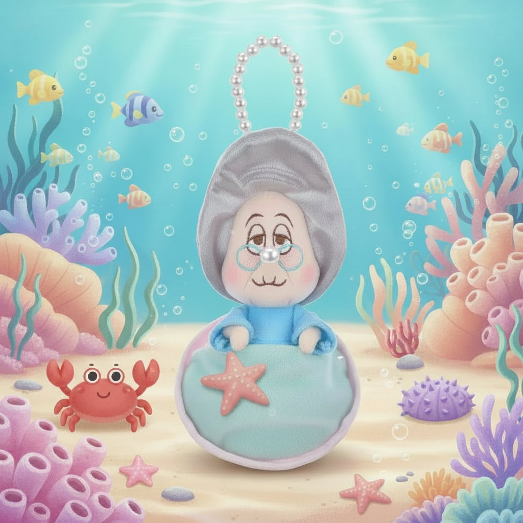 Pearlz Kids oyster‑grandma plush pendant with glasses and a pearl bead chain inside a clam shell, displayed against a colorful underwater cartoon scene with coral, fish, and a smiling crab.
