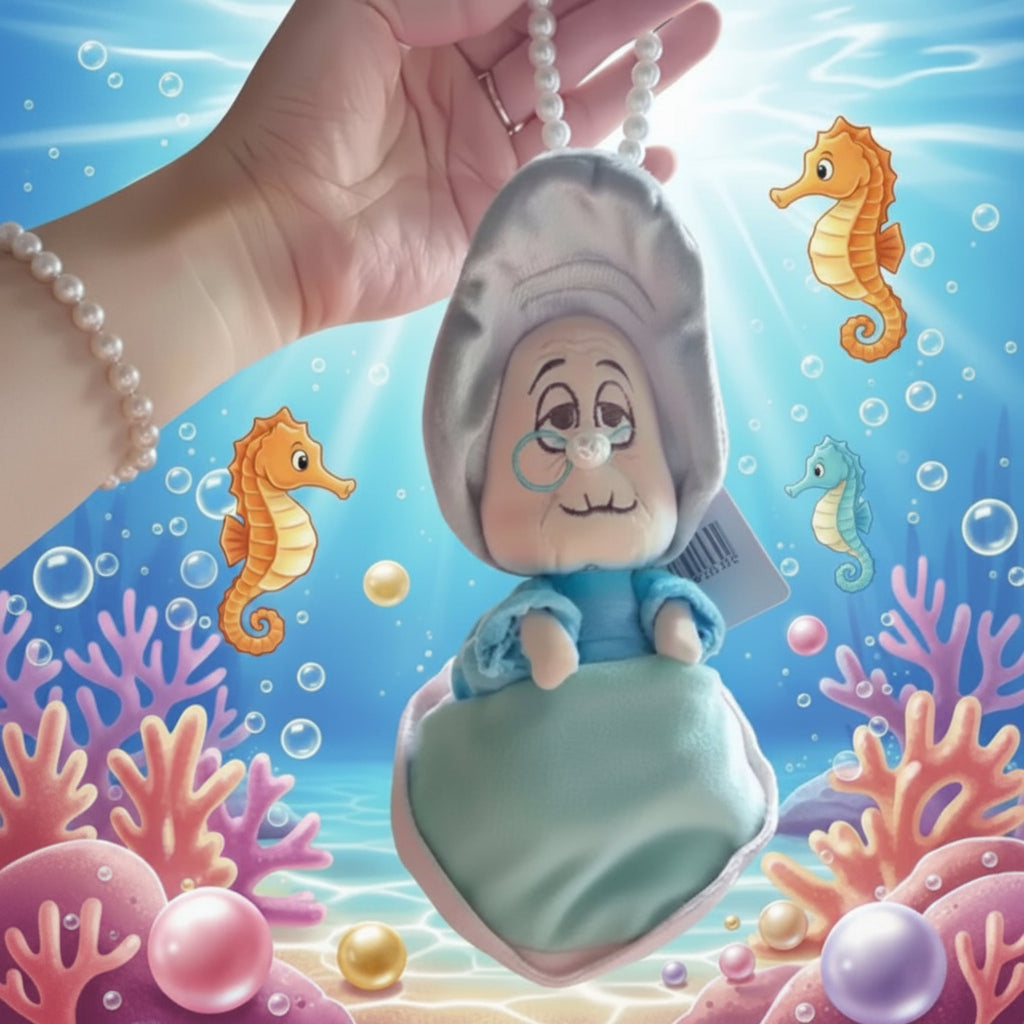 Hand holding a Pearlz Kids oyster‑grandma plush with glasses and a bead chain against a colorful underwater cartoon background with coral, bubbles, and seahorses.