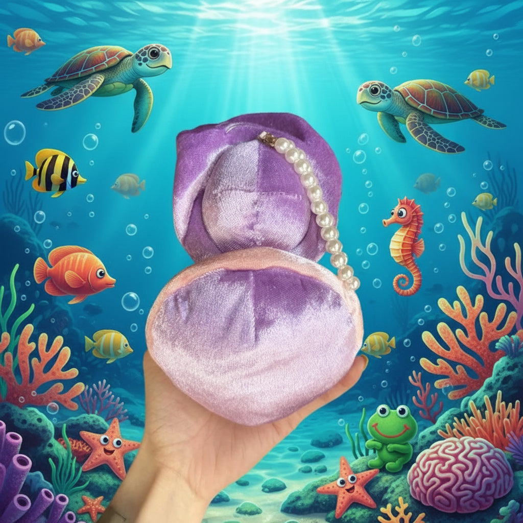 Back view of the Pearlz Kids oyster‑grandma plush with purple and pink shell detailing and pearl chain, held in hand against a colorful underwater cartoon background with coral and sea creatures.