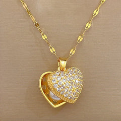 Classic Heart Snake Chain Necklace – Stainless Steel with Zircon Accent