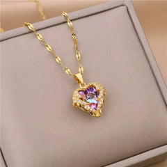 Classic Heart Snake Chain Necklace – Stainless Steel with Zircon Accent