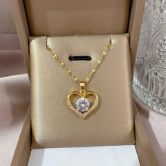 Classic Heart Snake Chain Necklace – Stainless Steel with Zircon Accent