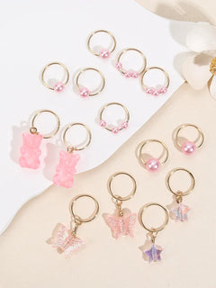 14‑Piece Girls Pink Pearl Star & Butterfly Elastic Hair Band Set