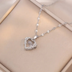 Classic Heart Snake Chain Necklace – Stainless Steel with Zircon Accent