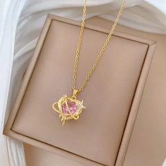Classic Heart Snake Chain Necklace – Stainless Steel with Zircon Accent