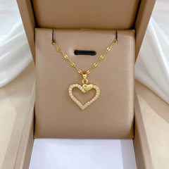 Classic Heart Snake Chain Necklace – Stainless Steel with Zircon Accent