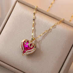 Classic Heart Snake Chain Necklace – Stainless Steel with Zircon Accent