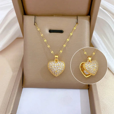 Classic Heart Snake Chain Necklace – Stainless Steel with Zircon Accent