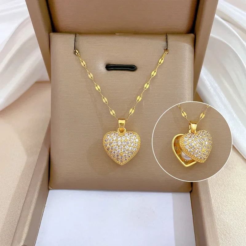 Classic Heart Snake Chain Necklace – Stainless Steel with Zircon Accent