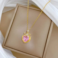 Classic Heart Snake Chain Necklace – Stainless Steel with Zircon Accent