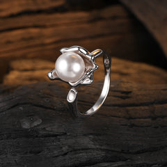S925 Sterling Silver Shell Pearl Texture Flower Ring