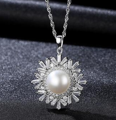 Pearl Necklace, Sterling Silver Necklace, Snowflake Pendant